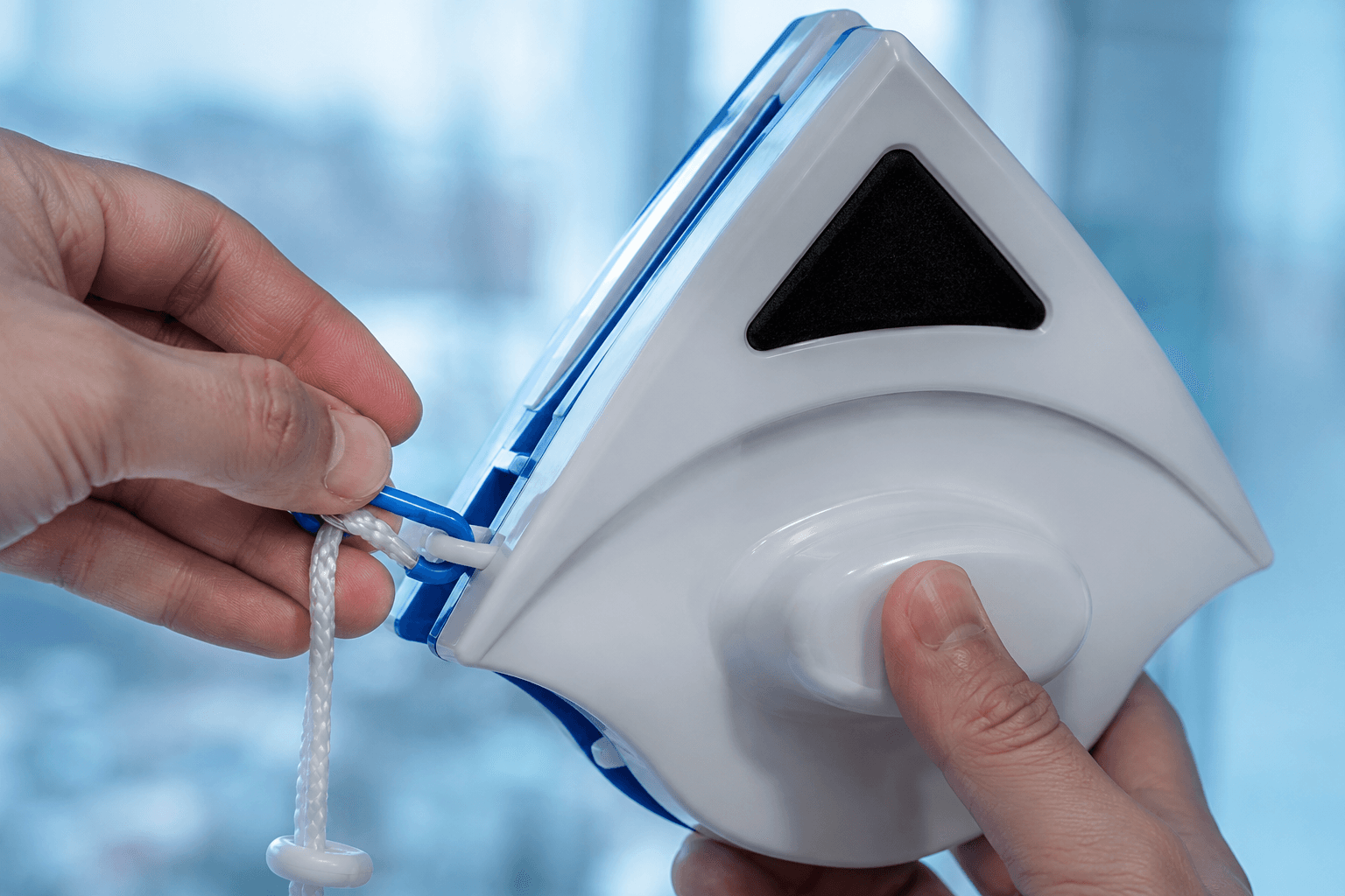 Attaching the safety tether to a magnetic window cleaner