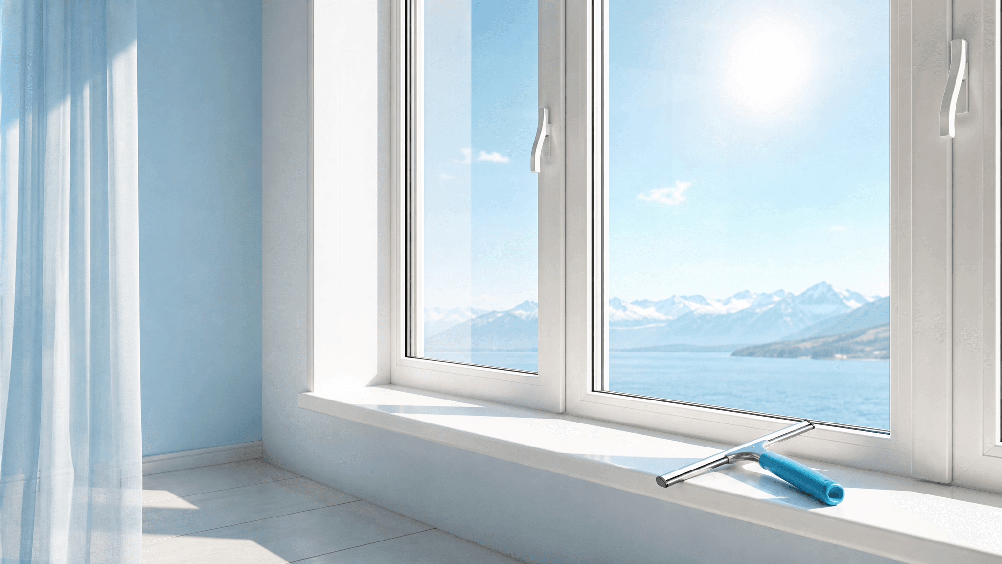 A crystal-clear window with a squeegee resting on the sill