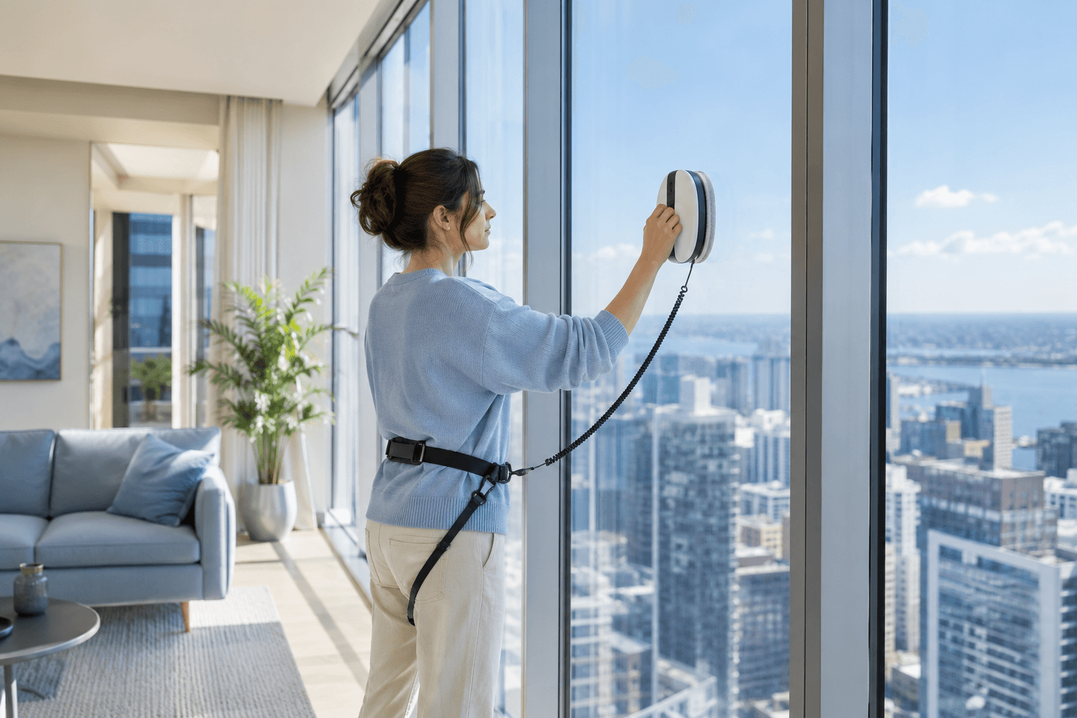 Cleaning a high-rise window's outer glass from inside with a tethered magnetic cleaner