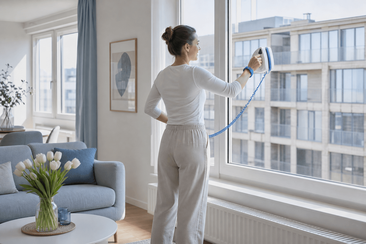 Cleaning outer glass safely from inside with a tethered magnetic cleaner